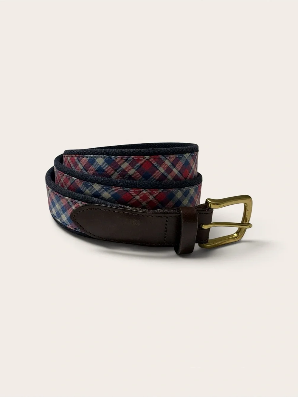 Vineyard Vines Navy and Red Plaid Belt with Brown Leather Trim